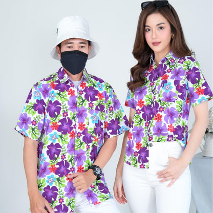 PINK023เสื้อเชิ้ตลายดอก ผ้าคอตตอน100% สีไม่ตก ผ้าไม่หดทลายคมชัด มีไซส์หญิงชาย34-56นิ้ว งานป้ายKTIER**1ตัว
