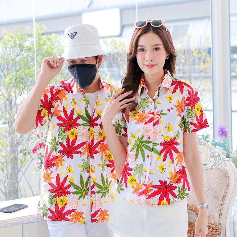 037เสื้อเชิ้ตลายดอก ผ้าคอตตอน100% สีไม่ตก ผ้าไม่หด ลายคมชัด มีไซส์หญิงชาย งานป้ายKTIERออกแบบเอง*1ตัว*