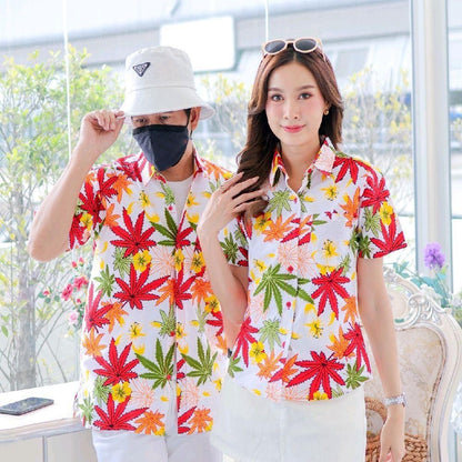 037เสื้อเชิ้ตลายดอก ผ้าคอตตอน100% สีไม่ตก ผ้าไม่หด ลายคมชัด มีไซส์หญิงชาย งานป้ายKTIERออกแบบเอง*1ตัว*