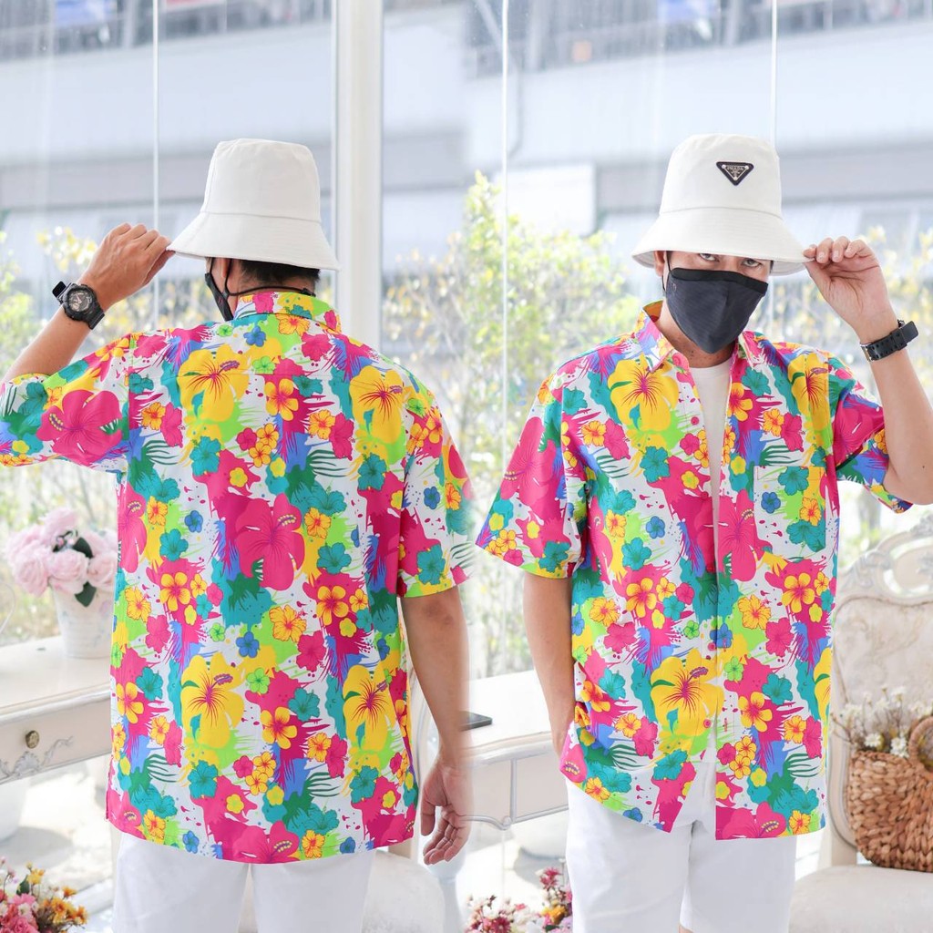 PINKรวมเสื้อเชิ้ตลายดอกผู้ชาย ทรงตรง ผ้าคอตตอน100% สีไม่ตก ผ้าไม่หด ลายคมชัด งานป้าย