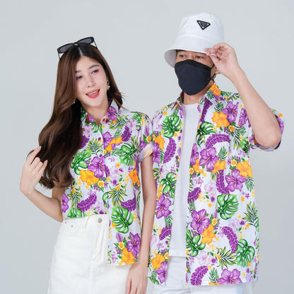PINK028เสื้อเชิ้ตลายดอก ผ้าคอตตอน100% สีไม่ตก ผ้าไม่หดทลายคมชัด มีไซส์หญิงชาย34-56นิ้ว งานป้ายKTIER**1ตัว