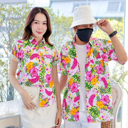 PINK028เสื้อเชิ้ตลายดอก ผ้าคอตตอน100% สีไม่ตก ผ้าไม่หดทลายคมชัด มีไซส์หญิงชาย34-56นิ้ว งานป้ายKTIER**1ตัว