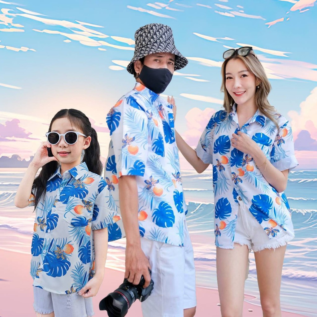 PINKP103เสื้อฮาวายลายดอก ไซส์เด็ก-ผู้ใหญ่8XL ครบทีม ผ้าโพลีพลีเมี่ยม ทรงวัยรุ่น หญิงชายใส่ได้ ลายคมชัด **1ตัว**