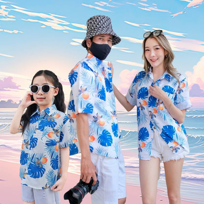 PINKP103เสื้อฮาวายลายดอก ไซส์เด็ก-ผู้ใหญ่8XL ครบทีม ผ้าโพลีพลีเมี่ยม ทรงวัยรุ่น หญิงชายใส่ได้ ลายคมชัด **1ตัว**
