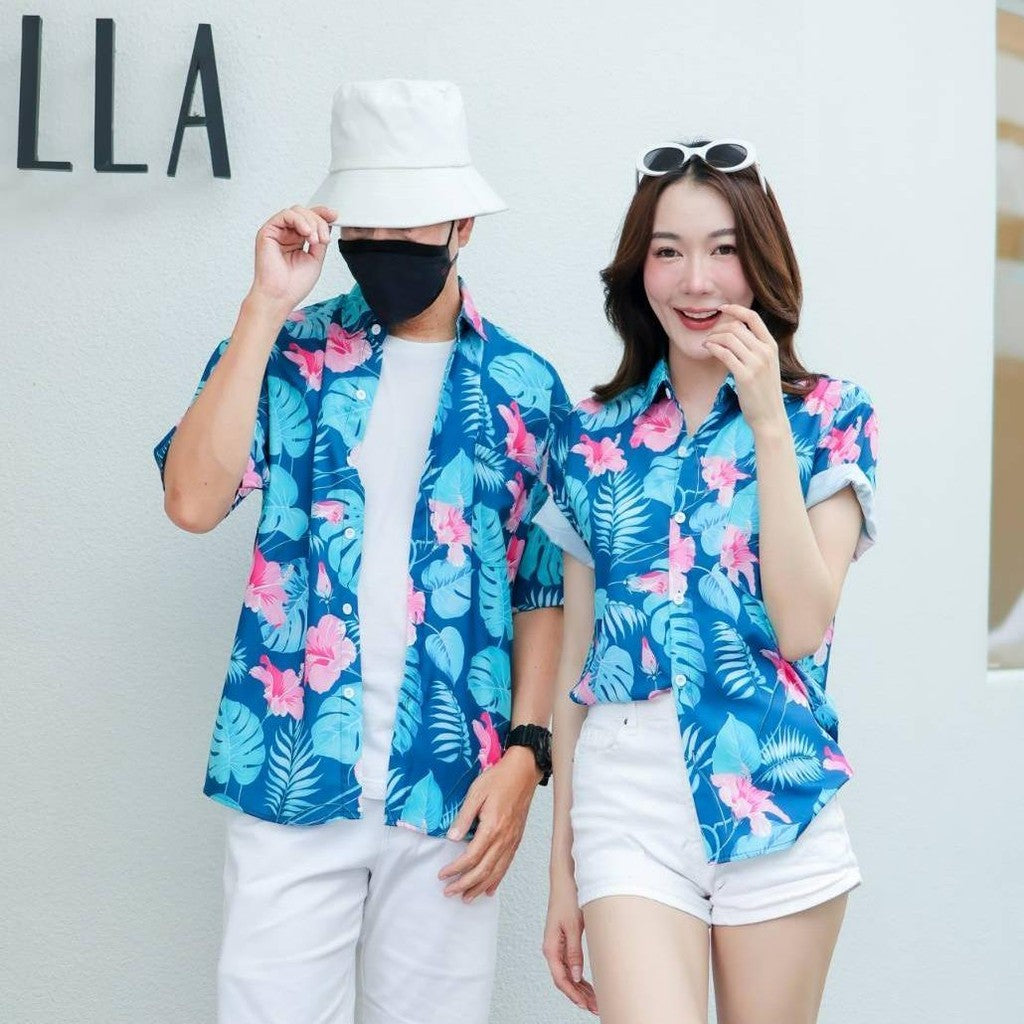 PINK3129 เสื้อฮาวายลายใหม่2025  ทรงวัยรุ่น หญิงชายใส่ได้ ผ้าโพลีพรีเมี่ยม ไซส์S-8XL งานปัาย ลายคมชัด  **1ตัว**