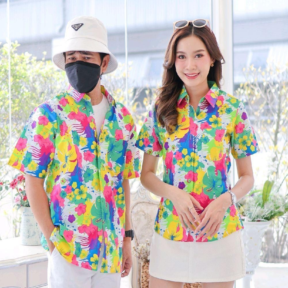 040เสื้อเชิ้ตลายดอก ผ้าคอตตอน100% สีไม่ตก ผ้าไม่หด ลายคมชัด มีไซส์หญิงชาย งานป้ายKTIERออกแบบเอง*1ตัว*