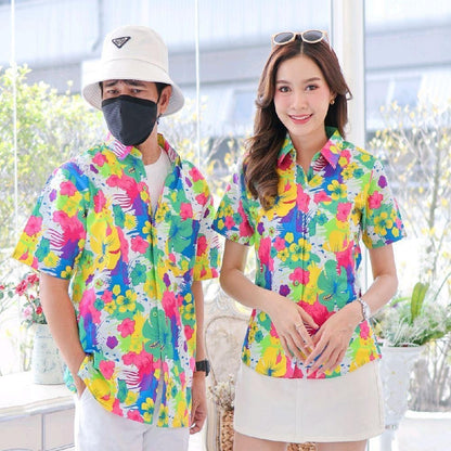 040เสื้อเชิ้ตลายดอก ผ้าคอตตอน100% สีไม่ตก ผ้าไม่หด ลายคมชัด มีไซส์หญิงชาย งานป้ายKTIERออกแบบเอง*1ตัว*