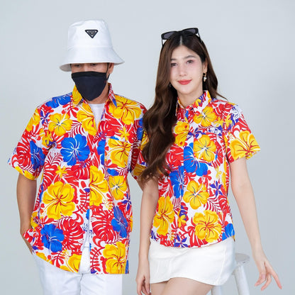 PINK030เสื้อเชิ้ตลายดอก ผ้าคอตตอน100% สีไม่ตก ผ้าไม่หดทลายคมชัด มีไซส์หญิงชาย34-56นิ้ว งานป้ายKTIER**1ตัว