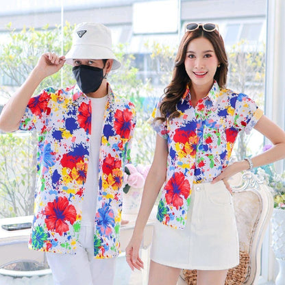 PINK038เสื้อเชิ้ตลายดอก ผ้าคอตตอน100% สีไม่ตก ผ้าไม่หด ลายคมชัด มีไซส์หญิงชาย งานป้ายKTIERออกแบบเอง*1ตัว*
