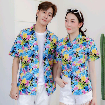 PINK014เสื้อเชิ้ตลายดอก ผ้าคอตตอน100% สีไม่ตก ผ้าไม่หด ลายคมชัด มีไซส์หญิงชาย งานป้ายKTIERออกแบบเอง*1ตัว*