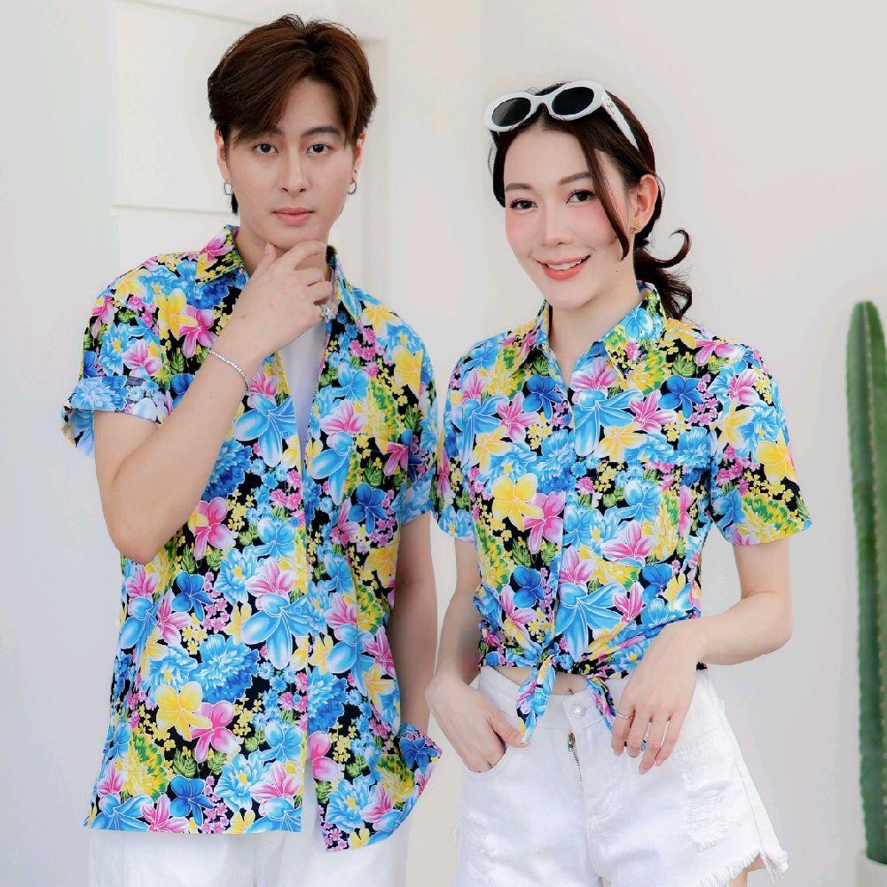 PINK014เสื้อเชิ้ตลายดอก ผ้าคอตตอน100% สีไม่ตก ผ้าไม่หด ลายคมชัด มีไซส์หญิงชาย งานป้ายKTIERออกแบบเอง*1ตัว*