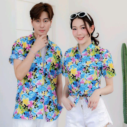 PINK014เสื้อเชิ้ตลายดอก ผ้าคอตตอน100% สีไม่ตก ผ้าไม่หด ลายคมชัด มีไซส์หญิงชาย งานป้ายKTIERออกแบบเอง*1ตัว*