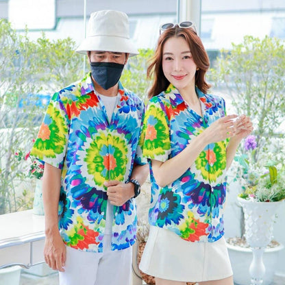 PINK3135เสื้อฮาวายลายมัดย้อม สีสันสดใส ไซส์S-8XL ผ้าโพลีพลีเมี่ยม ทรงวัยรุ่น หญิงชายใส่ได้ ลายคมชัด **1ตัว**