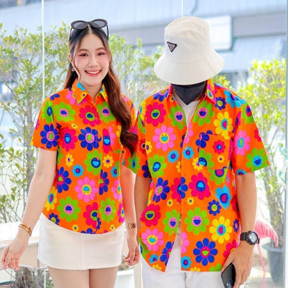 PINK036เสื้อเชิ้ตลายยิ้ม  ผ้าคอตตอน100% สีไม่ตก ผ้าไม่หด ลายคมชัด มีไซส์หญิงชาย งานป้ายKTIERออกแบบเอง*1ตัว*