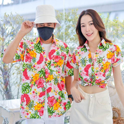 PINK028เสื้อเชิ้ตลายดอก ผ้าคอตตอน100% สีไม่ตก ผ้าไม่หดทลายคมชัด มีไซส์หญิงชาย34-56นิ้ว งานป้ายKTIER**1ตัว