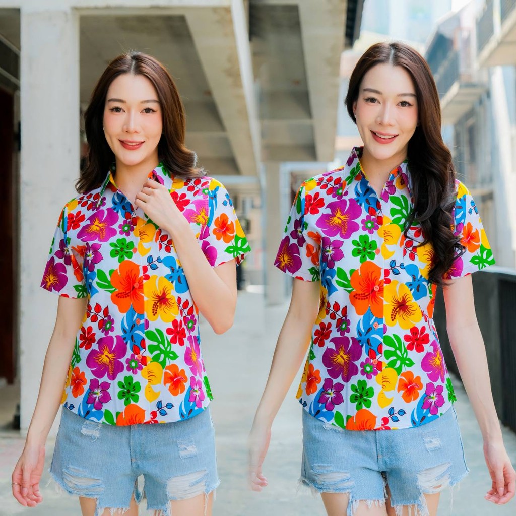 PINKรวมเสื้อเชิ้ตลายดอก2025 เสื้อสงกรานต์ลายดอก ผ้าคอตตอน100% สีไม่ตก ผ้าไม่หด