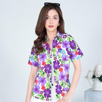 PINK023เสื้อเชิ้ตลายดอก ผ้าคอตตอน100% สีไม่ตก ผ้าไม่หดทลายคมชัด มีไซส์หญิงชาย34-56นิ้ว งานป้ายKTIER**1ตัว