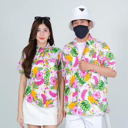 PINK028เสื้อเชิ้ตลายดอก ผ้าคอตตอน100% สีไม่ตก ผ้าไม่หดทลายคมชัด มีไซส์หญิงชาย34-56นิ้ว งานป้ายKTIER**1ตัว