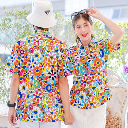 PINK034เสื้อเชิ้ตลายยิ้ม ผ้าคอตตอน100% สีไม่ตก ผ้าไม่หด ลายคมชัด มีไซส์หญิงชาย งานป้ายKTIERออกแบบเอง*1ตัว*