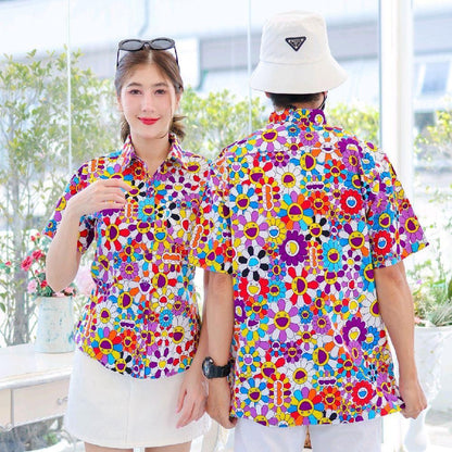 PINK034เสื้อเชิ้ตลายยิ้ม ผ้าคอตตอน100% สีไม่ตก ผ้าไม่หด ลายคมชัด มีไซส์หญิงชาย งานป้ายKTIERออกแบบเอง*1ตัว*