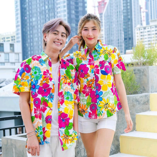 PINKเสื้อสงกรานต์ลายดอก ผ้าคอตตอน100% มีไซส์หญิง ชาย รุ่น0003
