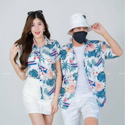 PINKเสื้อฮาวายไซส์ครบทีม มีไซส์เด็ก-ไซส์ผู้ใหญ่ ผ้าโพลีเอสเตอร์ ใส่สบาย 8883