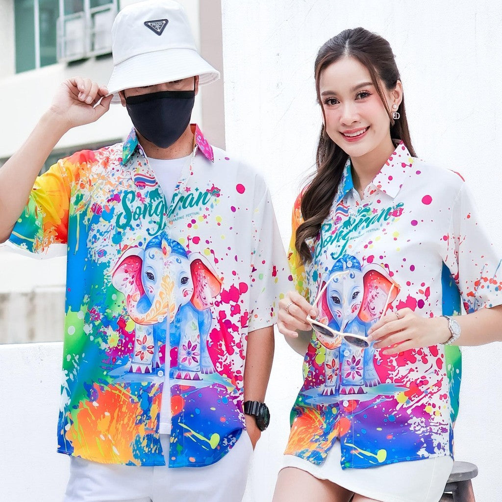 เสื้อฮาวายลายใหม่2025เวอร์ชั่นใหม่ สาดสีSongkran ทรงวัยรุ่น หญิงชายใส่ได้ ผ้าโพลีพรีเมี่ยม ไซส์เด็ก-ผู้ใหงานปัาย *1ตัว*