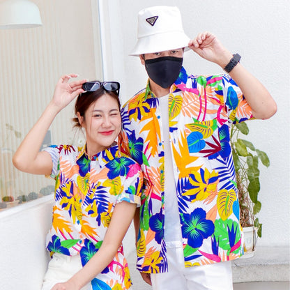 PINK033เสื้อเชิ้ตลายดอก ผ้าคอตตอน100% สีไม่ตก ผ้าไม่หด ลายคมชัด มีไซส์หญิงชาย งานป้ายKTIERออกแบบเอง*1ตัว*