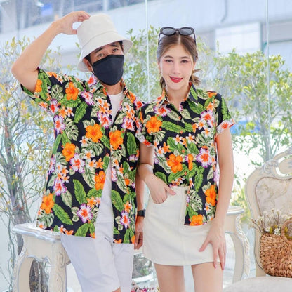 KING09 เสื้อเชิ้อสงกรานต์ลายดอก ผ้าคอตตอน100% สีไม่ตก ผ้าไม่หด ลายคมชัด มีไซส์หญิงชาย 34-56นิ้ว งานป้าย ออกแบบเอง*1ตัว*