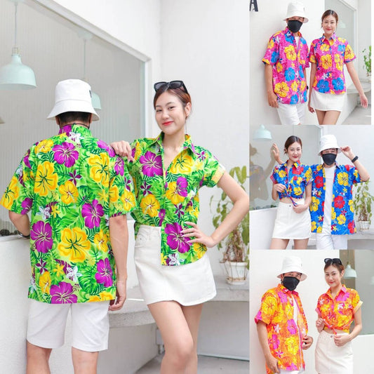 PINK029 เสื้อเชิ้ตลายดอก ผ้าคอตตอน100% สีไม่ตก ผ้าไม่หด ลายคมชัด มีไซส์หญิงชาย งานป้ายKTIERออกแบบเอง*1ตัว*
