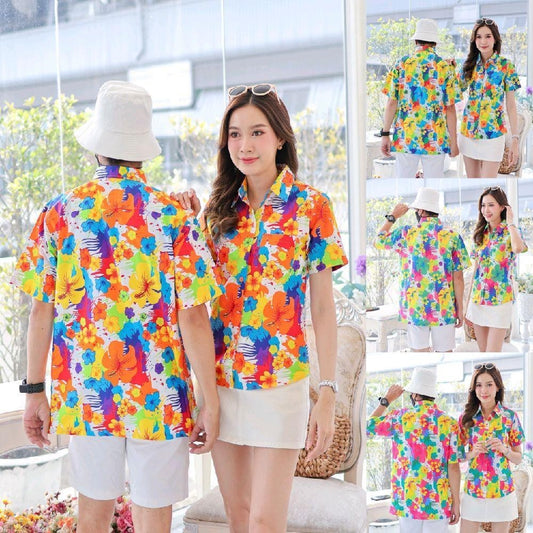 040เสื้อเชิ้ตลายดอก ผ้าคอตตอน100% สีไม่ตก ผ้าไม่หด ลายคมชัด มีไซส์หญิงชาย งานป้ายKTIERออกแบบเอง*1ตัว*
