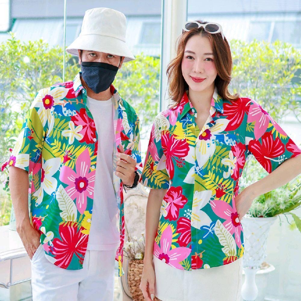 PINK03เสื้อฮาวายลายดอก ไซส์เด็ก-ผู้ใหญ่8XL ครบทีม ผ้าโพลีพลีเมี่ยม ทรงวัยรุ่น หญิงชายใส่ได้ ลายคมชัด **1ตัว**