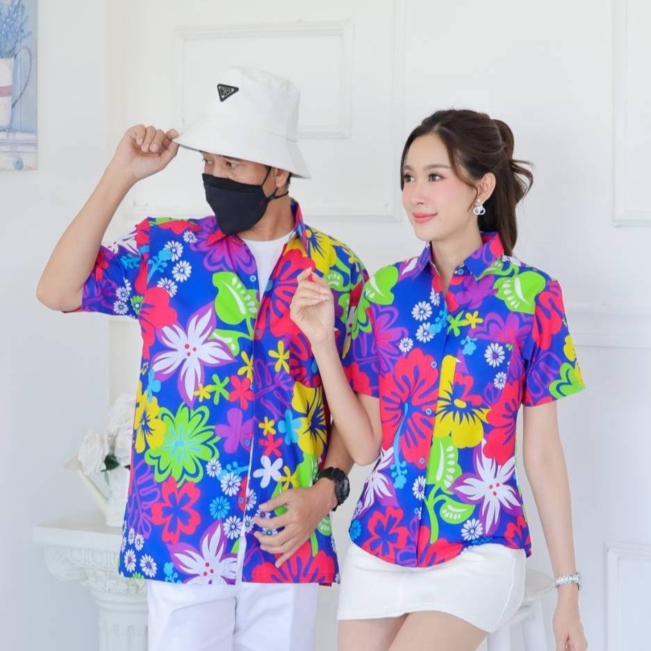 KING021เสื้อเชิ้ตลายยิ้ม  ผ้าคอตตอน100% สีไม่ตก ผ้าไม่หด ลายคมชัด มีไซส์หญิงชาย งานป้ายKTIERออกแบบเอง*1ตัว*
