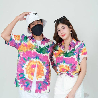PINK3135เสื้อฮาวายลายมัดย้อม สีสันสดใส ไซส์S-8XL ผ้าโพลีพลีเมี่ยม ทรงวัยรุ่น หญิงชายใส่ได้ ลายคมชัด **1ตัว**
