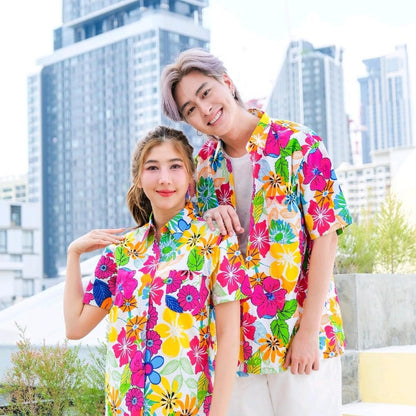 PINKเสื้อสงกรานต์ลายดอก ผ้าคอตตอน100% มีไซส์หญิง ชาย รุ่น0003