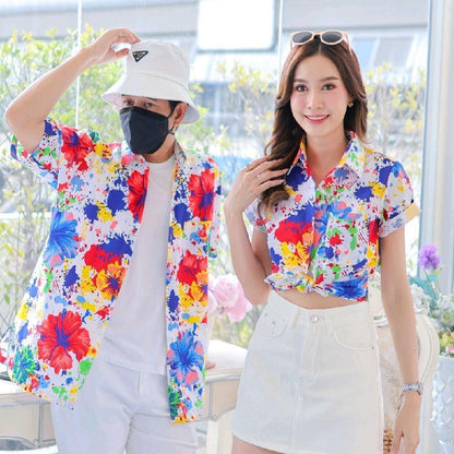 PINK038เสื้อเชิ้ตลายดอก ผ้าคอตตอน100% สีไม่ตก ผ้าไม่หด ลายคมชัด มีไซส์หญิงชาย งานป้ายKTIERออกแบบเอง*1ตัว*
