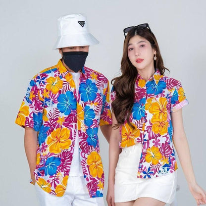 PINK030เสื้อเชิ้ตลายดอก ผ้าคอตตอน100% สีไม่ตก ผ้าไม่หดทลายคมชัด มีไซส์หญิงชาย34-56นิ้ว งานป้ายKTIER**1ตัว