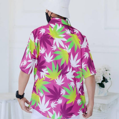 PINK06เสื้อฮาวายลายใบ ไซส์S-8XL ครบทีม ผ้าโพลีพลีเมี่ยม ทรงวัยรุ่น หญิงชายใส่ได้ ลายคมชัด **1ตัว**