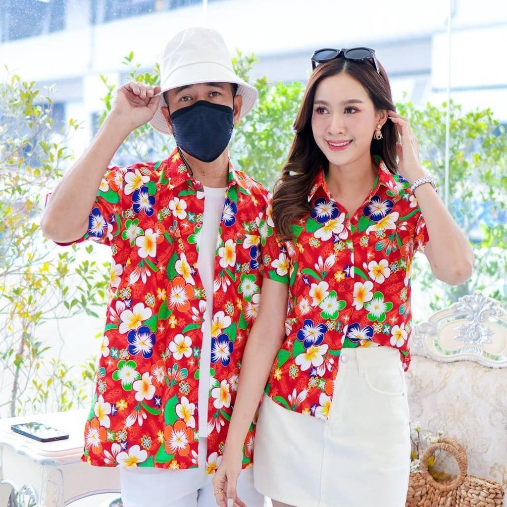PINK001 เสื้อเชิ้ตสงกรานต์ลายดอก ผ้าคอตตอน100% สีไม่ตก ผ้าไม่หด ลายคมชัด มีไซส์หญิงชาย 34-56นิ้ว งานป้ายKTIER*1ตัว*