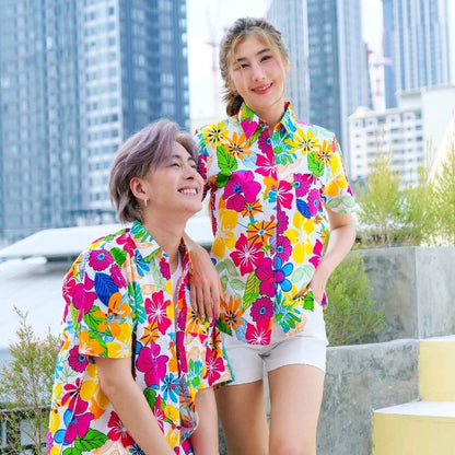 PINKเสื้อสงกรานต์ลายดอก ผ้าคอตตอน100% มีไซส์หญิง ชาย รุ่น0003