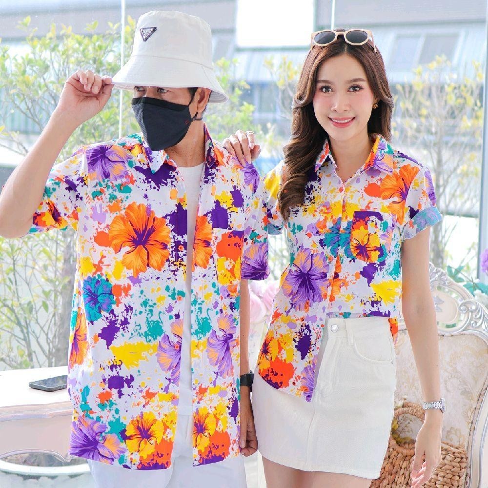 PINK038เสื้อเชิ้ตลายดอก ผ้าคอตตอน100% สีไม่ตก ผ้าไม่หด ลายคมชัด มีไซส์หญิงชาย งานป้ายKTIERออกแบบเอง*1ตัว*