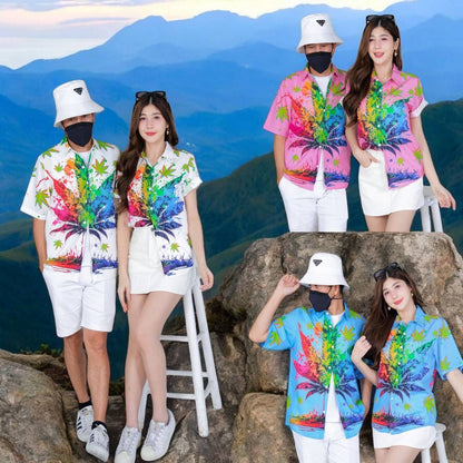 PINK3134 เสื้อฮาวายลายใหม่2025 ทรงวัยรุ่น หญิงชายใส่ได้ ผ้าโพลีพรีเมี่ยม ไซส์S-8XL งานปัาย ลายคมชัด  **1ตัว**