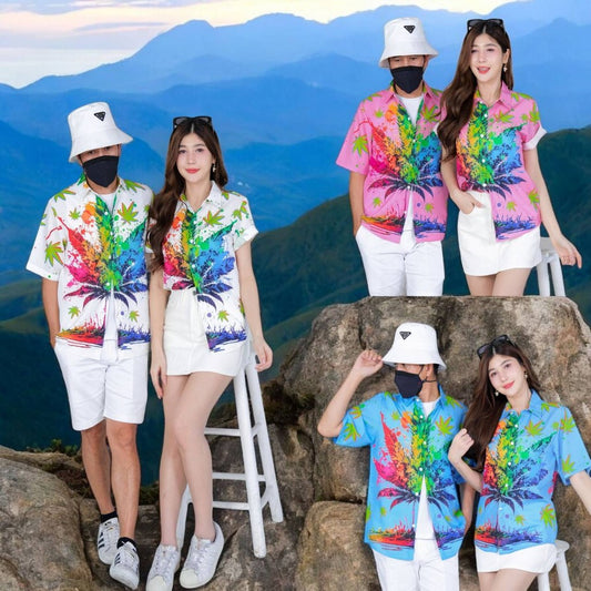 PINK3134 เสื้อฮาวายลายใหม่2025 ทรงวัยรุ่น หญิงชายใส่ได้ ผ้าโพลีพรีเมี่ยม ไซส์S-8XL งานปัาย ลายคมชัด  **1ตัว**