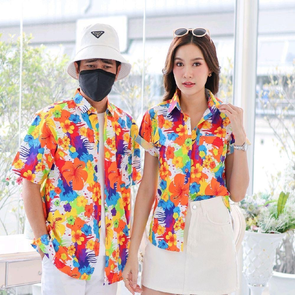 040เสื้อเชิ้ตลายดอก ผ้าคอตตอน100% สีไม่ตก ผ้าไม่หด ลายคมชัด มีไซส์หญิงชาย งานป้ายKTIERออกแบบเอง*1ตัว*