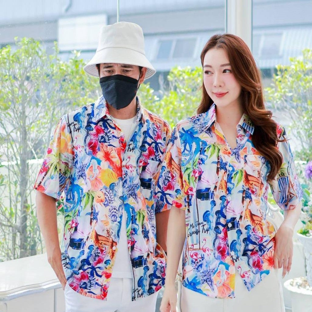 PINK08เสื้อฮาวาย ไซส์เด็ก-ผู้ใหญ่8XL ครบทีม ผ้าโพลีพลีเมี่ยม ทรงวัยรุ่น หญิงชายใส่ได้ ลายคมชัด **1ตัว**