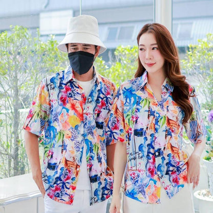 PINK08เสื้อฮาวาย ไซส์เด็ก-ผู้ใหญ่8XL ครบทีม ผ้าโพลีพลีเมี่ยม ทรงวัยรุ่น หญิงชายใส่ได้ ลายคมชัด **1ตัว**