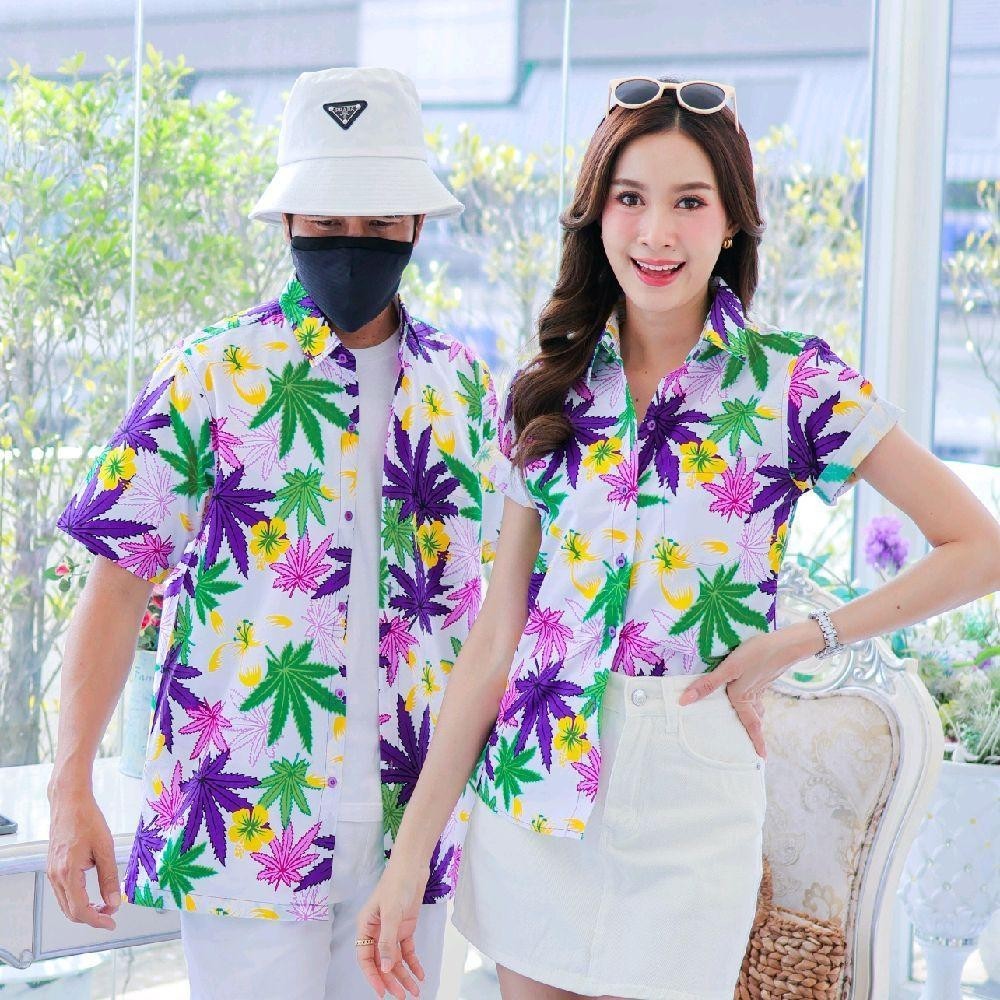 037เสื้อเชิ้ตลายดอก ผ้าคอตตอน100% สีไม่ตก ผ้าไม่หด ลายคมชัด มีไซส์หญิงชาย งานป้ายKTIERออกแบบเอง*1ตัว*