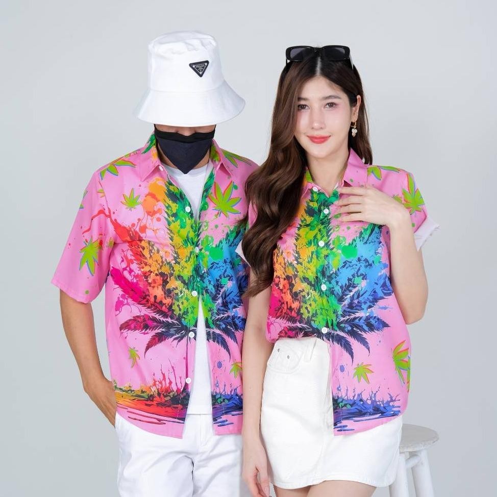PINK3134 เสื้อฮาวายลายใหม่2025 ทรงวัยรุ่น หญิงชายใส่ได้ ผ้าโพลีพรีเมี่ยม ไซส์S-8XL งานปัาย ลายคมชัด  **1ตัว**