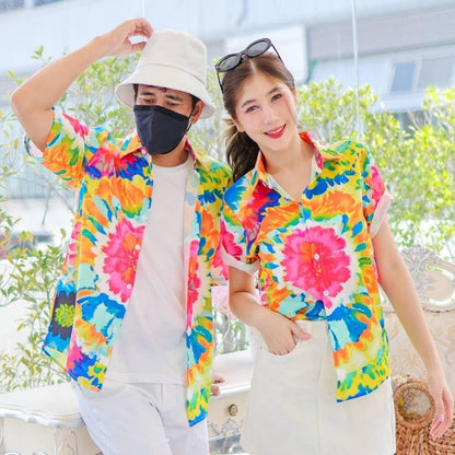 PINK3135เสื้อฮาวายลายมัดย้อม สีสันสดใส ไซส์S-8XL ผ้าโพลีพลีเมี่ยม ทรงวัยรุ่น หญิงชายใส่ได้ ลายคมชัด **1ตัว**