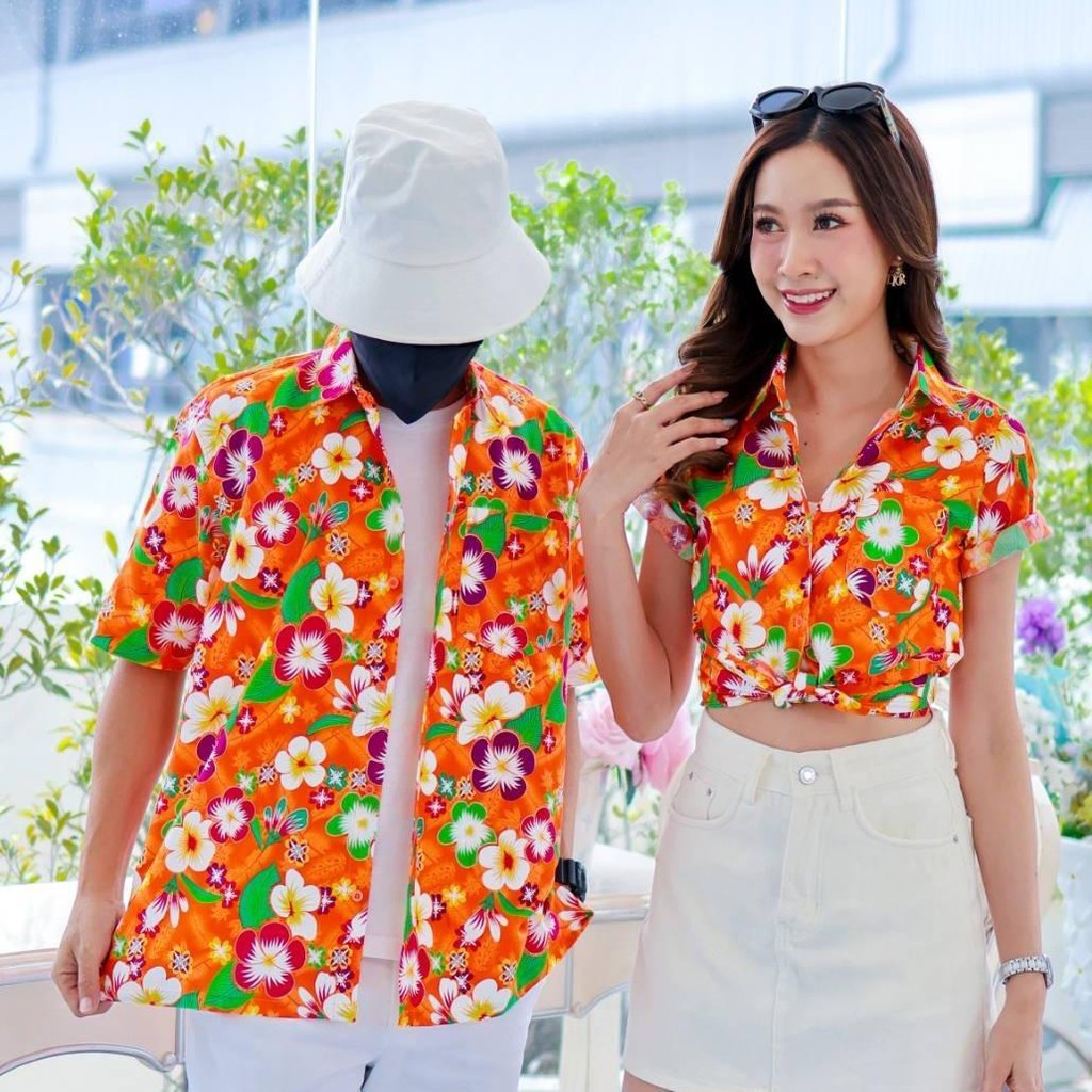PINK001 เสื้อเชิ้ตสงกรานต์ลายดอก ผ้าคอตตอน100% สีไม่ตก ผ้าไม่หด ลายคมชัด มีไซส์หญิงชาย 34-56นิ้ว งานป้ายKTIER*1ตัว*